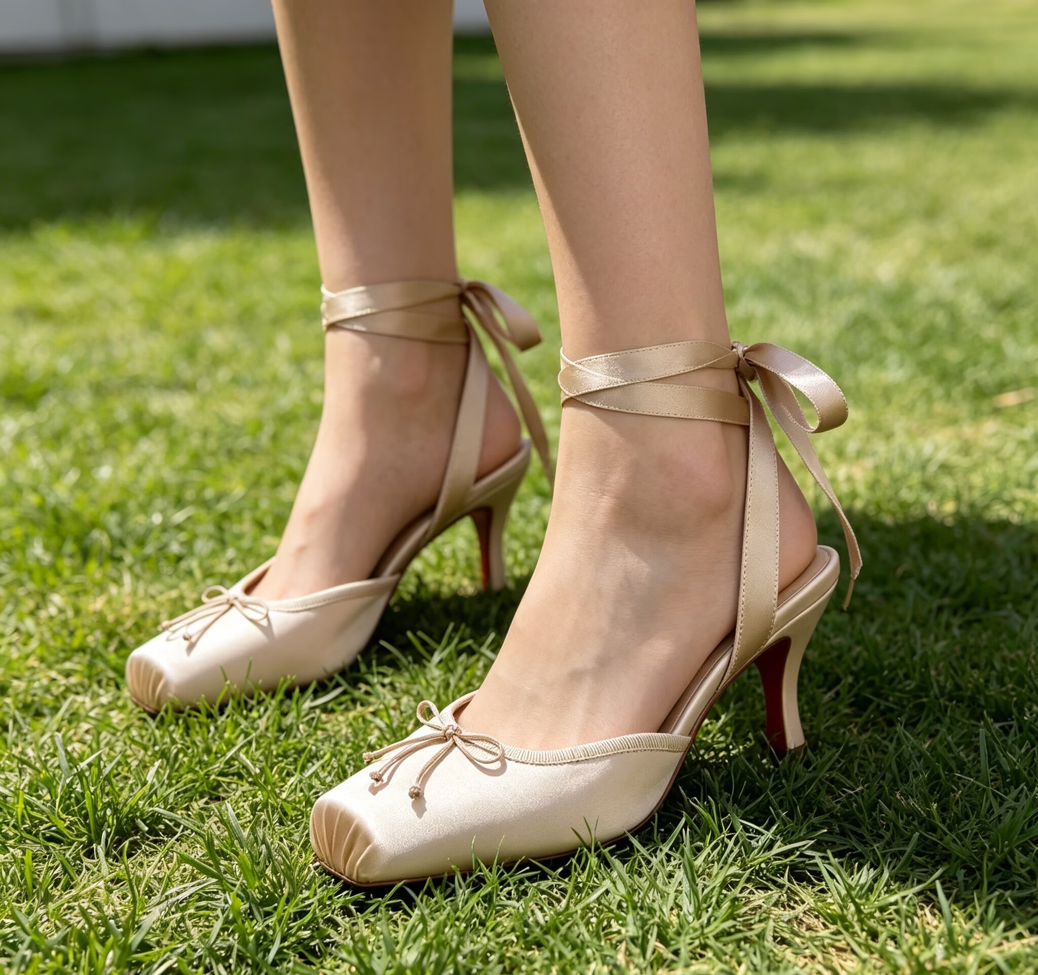 Women'S Shoes Red Bottoms - Nude Satin Lace Up Heels for