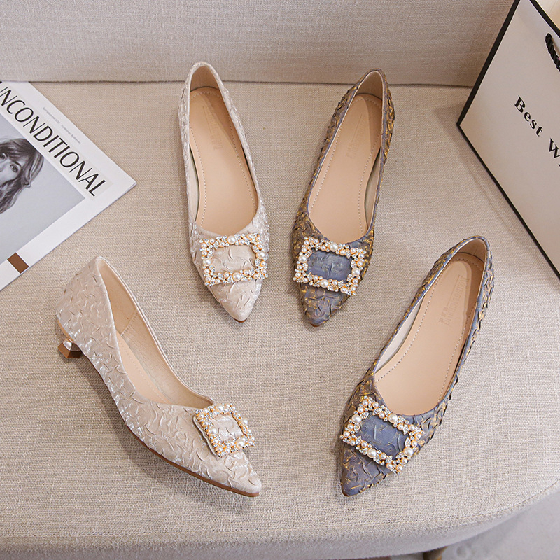 Ankle Strap Heels - Ivory Textured Satin Pointed Toe Kitten