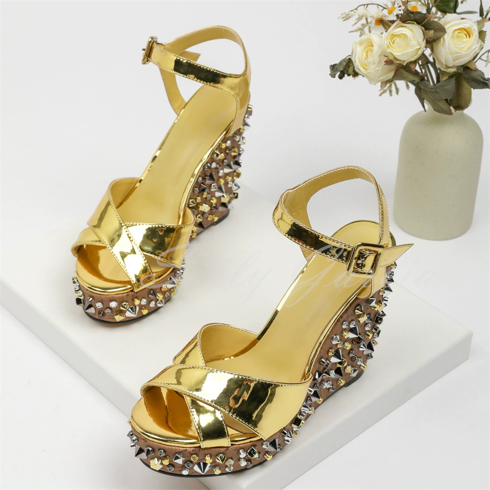 Gold Rivets Decor Wedge Heel S - Women'S Shoes Trendy 리뷰 및 가격