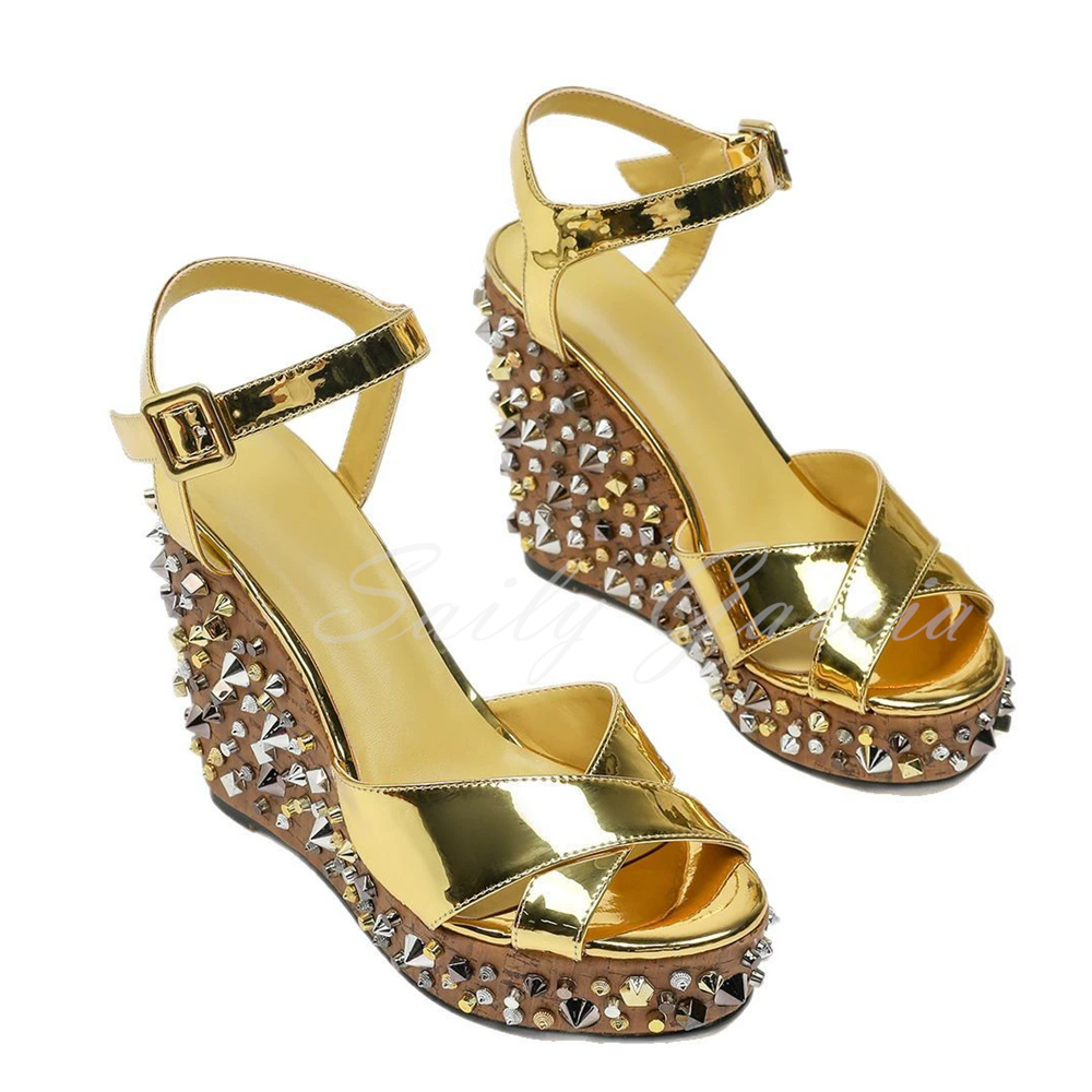 Gold Rivets Decor Wedge Heel S - Women'S Shoes Trendy 리뷰 및 가격