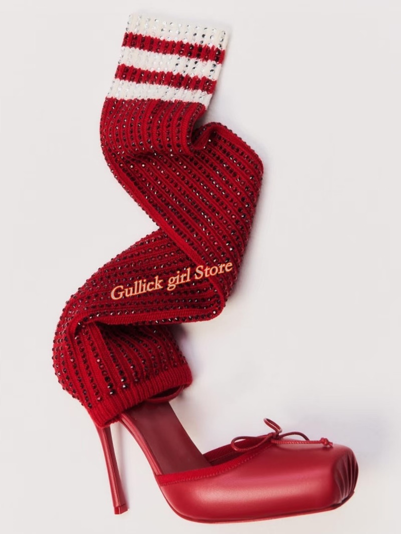 Red Knit Square Toe Boots Cut  - Sock Boot Women 리뷰 및 가격